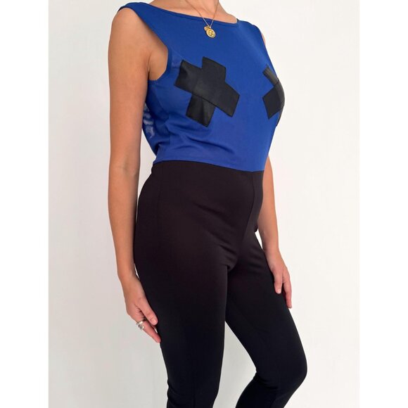 vintage blue fitted clubbing festival party backless mesh pant catsuit jumpsuit - Picture 7 of 9